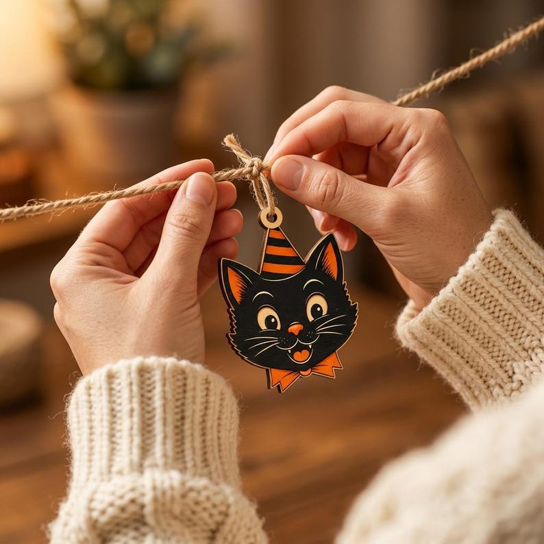 May include: A wooden ornament shaped like a black cat head with a smiling expression, wearing an orange and black striped party hat and an orange bow tie, suspended from a piece of natural jute twine string for hanging decoration.