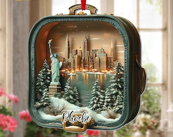 NYC Skyline Suitcase 2D FLAT Acrylic Window Hanging Faux Stained Acrylic Suncatcher Statue Of Liberty Travel Gift Decor