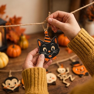 May include: A wooden Halloween ornament shaped like a black cat head wearing an orange and black striped party hat and an orange bow tie. The ornament is suspended from a piece of twine and features a detailed, colorful graphic illustration.
