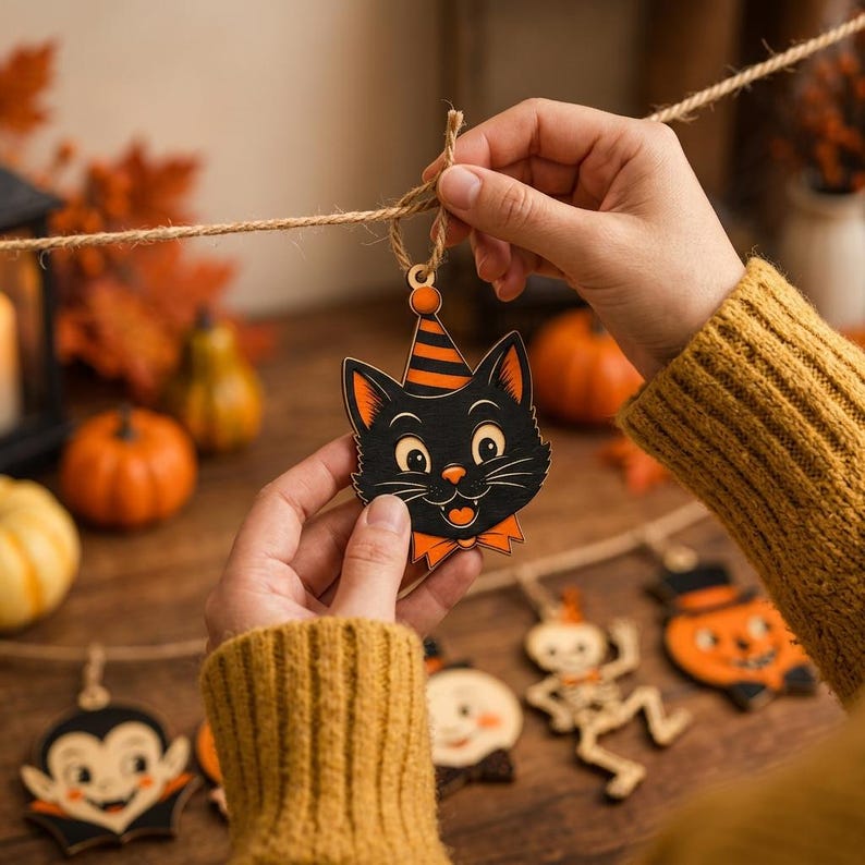 May include: A wooden Halloween ornament shaped like a black cat head wearing an orange and black striped party hat and an orange bow tie. The ornament is suspended from a piece of twine and features a detailed, colorful graphic illustration.