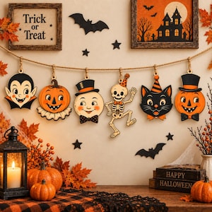 May include: A Halloween garland featuring six wooden ornaments hanging from a rope: a vampire, a pumpkin, a moon with a top hat, a skeleton, a black cat, and a pumpkin with a top hat. The ornaments are decorated with orange, black, and white colors.