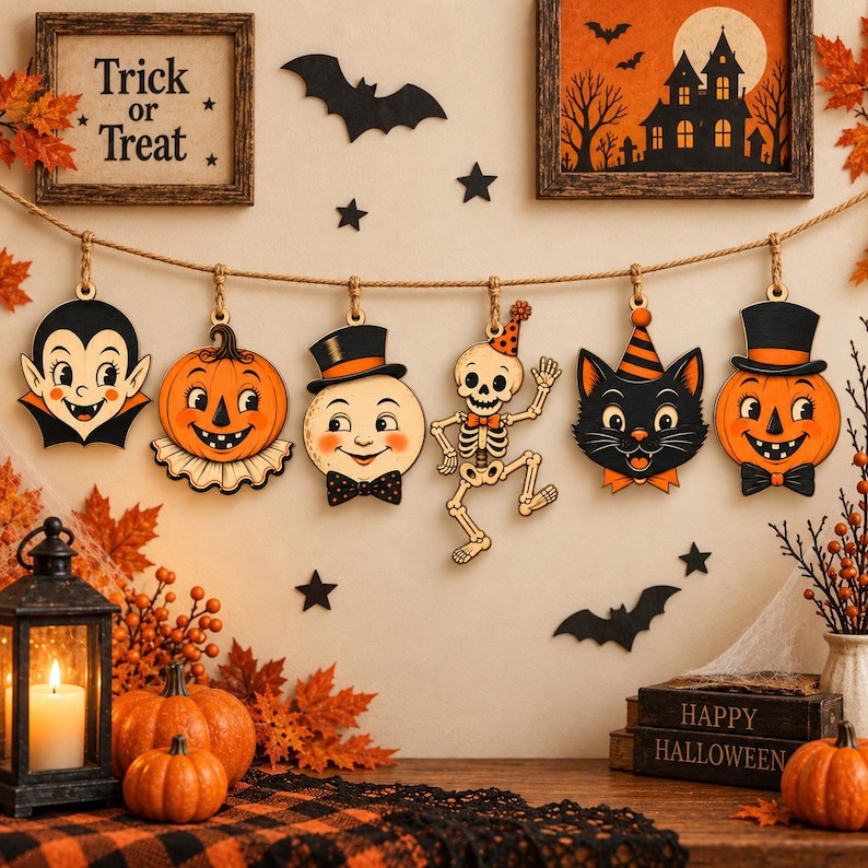 May include: A Halloween garland featuring six wooden ornaments hanging from a rope: a vampire, a pumpkin, a moon with a top hat, a skeleton, a black cat, and a pumpkin with a top hat. The ornaments are decorated with orange, black, and white colors.