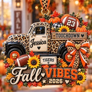 Personalisierter 3D-Truck-Anhänger mit Footballmotiv für den Herbst, individuelle Herbstdeko mit Leopardenmuster 2026, Geschenkidee für Tigers-Fans am Spieltag