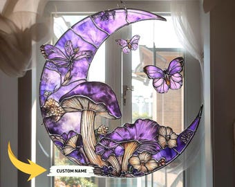 Attrape-soleil en acrylique champignon lune violet, accrochage de fenêtre papillon en acrylique teinté, décoration céleste fairycore, cadeau pour elle