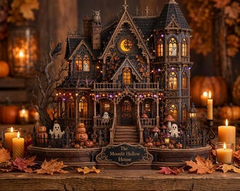 May include: A detailed miniature haunted house model titled The Moonlit Hollow House, featuring dark architectural details, illuminated windows with ghost figures, a small owl on the roof, pumpkins, and autumn leaves, set on a wooden base.