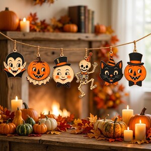 May include: A Halloween garland featuring six hanging wooden ornaments suspended on a jute rope. The ornaments depict a vampire, a jack-o'-lantern, a moon with a top hat, a dancing skeleton, a black cat, and another jack-o'-lantern with a top hat.
