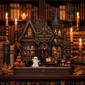 Diorama de librairie en bois effrayante pour Halloween, décoration de maison hantée miniature illuminée, décor de village d'automne, livre gothique unique