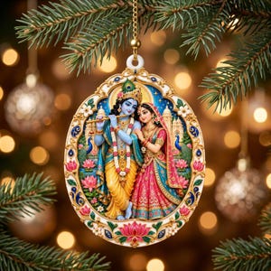 Könnte beinhalten: Ein ovaler Hängeschmuck mit einer detaillierten Darstellung von Krishna, der neben Radha Flöte spielt. Die Figuren tragen farbenfrohe traditionelle Kleidung und sind von Lotusblumen, Pfauen und architektonischen Elementen umgeben, eingefasst in einen verzierten, bunten Schmuckrahmen.