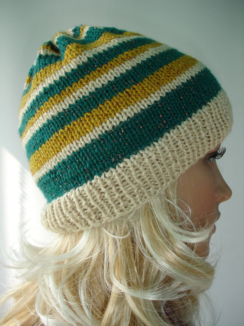 Green, Mustard Yellow and Cream Striped Slouchy Beanie Ready to