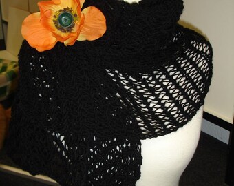 Black shawl with orange flower brooch - ready to ship
