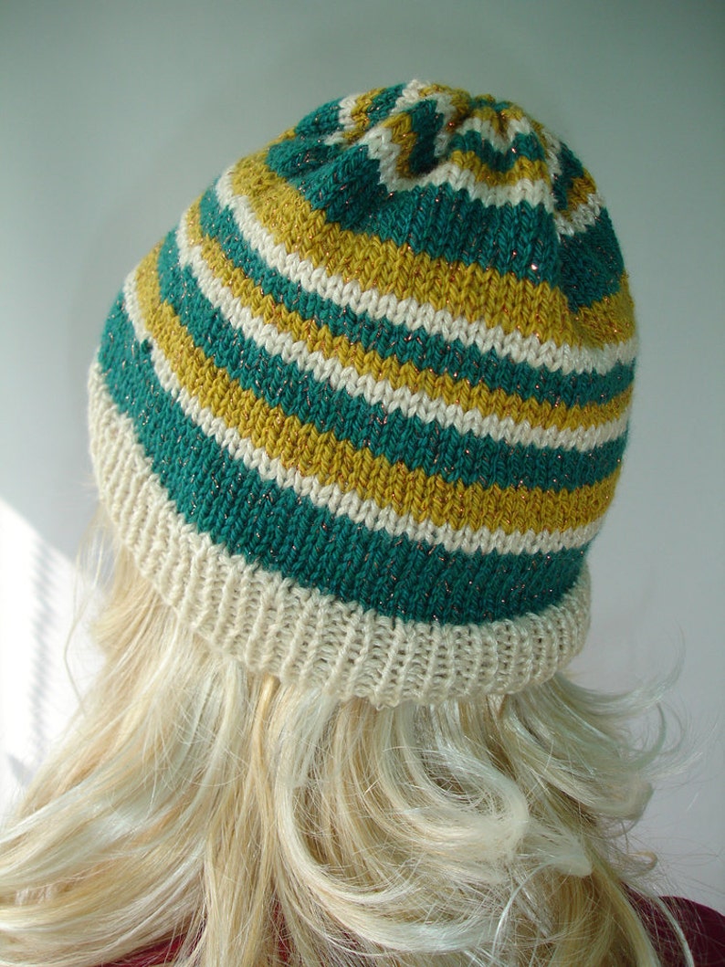 Green, Mustard Yellow and Cream Striped Slouchy Beanie Ready to