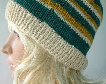 Green, mustard yellow and cream - Striped slouchy beanie - ready to ship