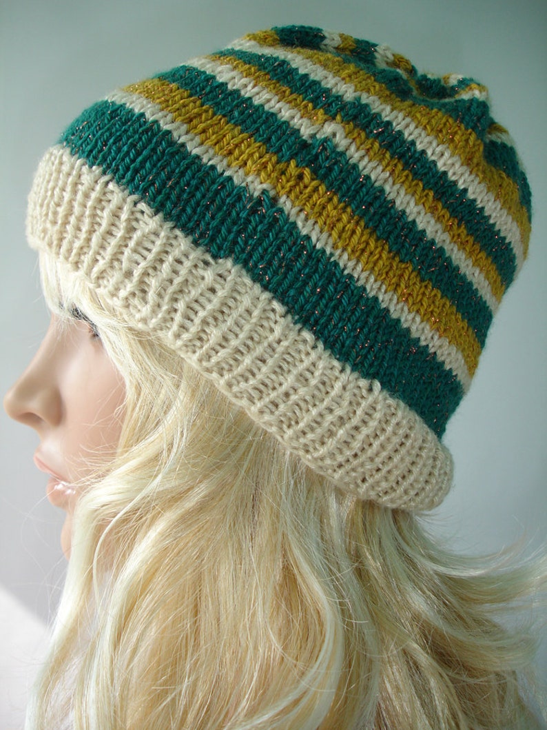 Green, Mustard Yellow and Cream Striped Slouchy Beanie Ready to