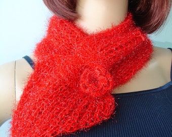Red Scarflette with glitter and crocheted flower- ready to ship