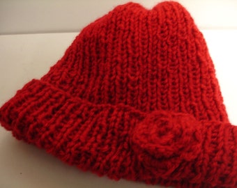 Red knitted hat with a crocheted flower - ready to ship