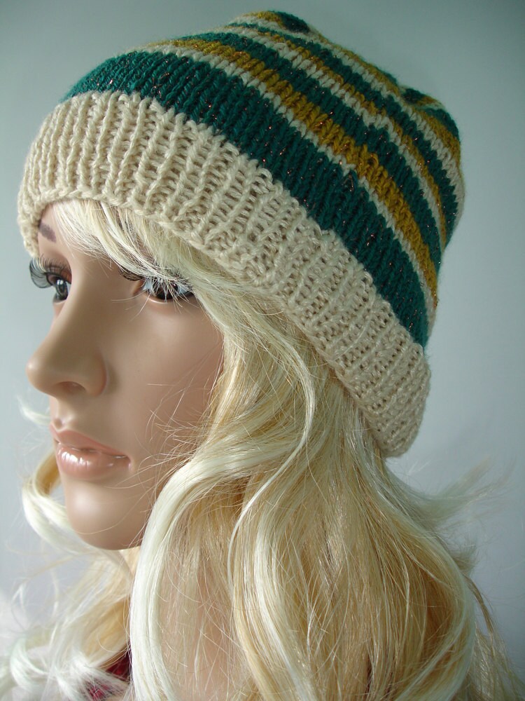 Green, Mustard Yellow and Cream Striped Slouchy Beanie Ready to