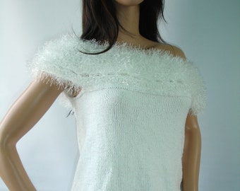 White knit tunic with crochet yoke - ready to ship