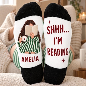 Custom Name Shhh I’m Reading Socks, Personalized Book Lover in Striped Pajamas Cozy Bookworm Gift for Women