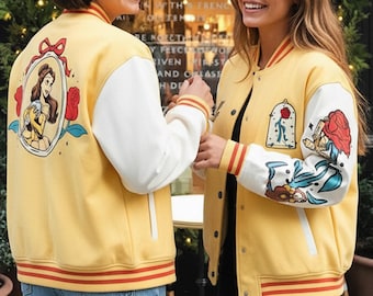Disney Belle Princess Enchanted Rose Baseball Jacket, Disney Beauty And The Beast Bomber Jacket, Disneyland Matching Trip Outfits