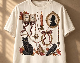Coquette Witchy Halloween Shirt, Black Cat Raven Tee, Fall Witch Aesthetic Shirt, Salem Witch Tee, Dark Academia Halloween T-Shirt