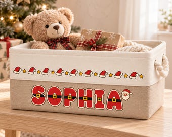 Personalized Santa Belt Name Basket, Santa Kids Toy Box, Christmas Eve Basket for Kids, Custom Name Storage Bin