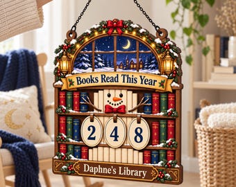 Custom Name Snowman Books Read This Year Counter, Personalized Christmas Library Sign, Snowy Night Window Book Nook Decor, Bookish Xmas Gift