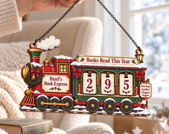 Custom Name Christmas Wooden Train Reading Tracker Sign, Personalized Books Read This Year Counter, Bookish Christmas Gift, Bookshelf Decor