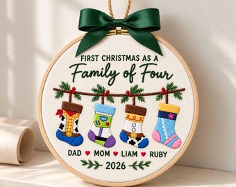 Embroidered Custom Family Name Christmas Hoop Ornament, Personalized Cartoon Stockings Ornament, Family Keepsake, Christmas Home Decor