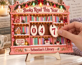 Custom Name Wooden Books Read This Year Counter, Personalized Library Christmas Sign, Cozy Pink House Books Read Tracker, Festive Home Decor