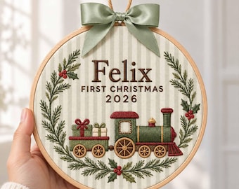 Embroidered Custom Name Holly Wreath Christmas Ornament, Personalized Newborn Keepsake, Vintage Train Ornament, Baby First Christmas Gift