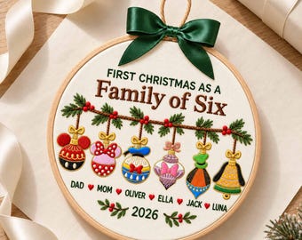 Embroidered First Christmas as a Family Hoop Ornament, Personalized Family Name Garland Ornament, Christmas Gift, Festive Home Decor