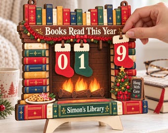 Custom Name Fireplace Books Read This Year Counter, Personalized Christmas Library Sign, Cozy Books Read Tracker, Book Lover Christmas Gift