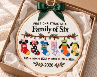 Embroidered First Christmas as a Family Ornament, Personalized Family Name Christmas Stocking Ornament, Holiday Keepsake, Family Xmas Gift