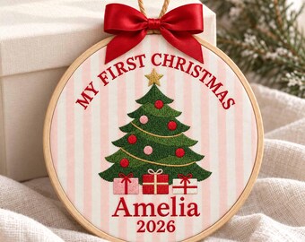 Embroidered Custom Name Hoop Ornament, Personalized Baby First Christmas Gift, Pink Stripe Christmas Tree Ornament, Newborn Holiday Keepsake