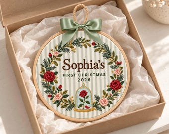 Embroidered Custom Baby Name First Christmas Ornament, Personalized Fairytale Floral Wreath Embroidery Hoop, Princess Fan Gift, Xmas Decor