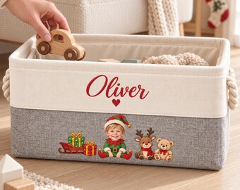 Personalized Kid Photo Elf Toy Basket, Custom Face Kids Toy Box, Christmas Toy Storage Bin, Toddler Christmas Gift