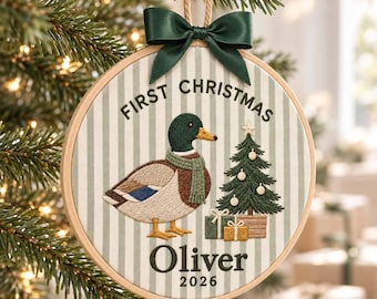 Embroidered Custom Name Mallard Duck Hoop Ornament, Personalized Newborn Keepsake, Sage Stripe Christmas Tree Ornament, First Christmas Gift