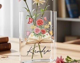 Custom Name Birth Month Floral Book Acrylic Book Vase, Personalized Book Vase For Reading Gift & Book Lovers, Unique Birthday Gift