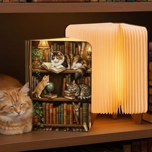 May include: A decorative book-shaped lamp with a cat-themed illustration, next to a folded paper lamp. The illustration depicts cats on bookshelves. An orange cat is resting on a wooden shelf. The lamps are surrounded by books.