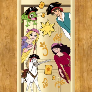 May include: A door decal featuring characters from Disney's Tangled and Pirates of the Caribbean. The decal includes Rapunzel, Flynn Rider, a horse, a chameleon, and a pirate. The decal is designed to look like a door with a wooden frame.