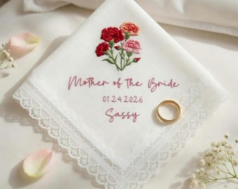 Custom Embroidered Wedding Flower Linen Handkerchief For Happy Tears, Personalized Message Wedding Napkins Unique Parent Of Bride Groom Gift
