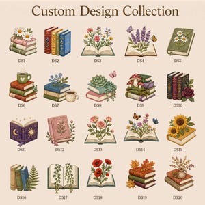 May include: A Custom Design Collection chart featuring twenty distinct embroidered-style illustrations of books, flowers, plants, and mushrooms. Each icon is labeled with a code from DS1 to DS20, showcasing various colorful botanical and literary themes.