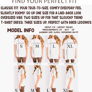 May include: Image showing a size guide for t-shirts, with text "FIND YOUR PERFECT FIT". The guide includes measurements in inches for sizes S, M, L, and XL, and provides fit recommendations for different styles, such as relaxed, loose, oversized, and dress shirt.