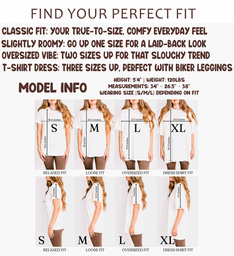 May include: Image showing a size guide for t-shirts, with text "FIND YOUR PERFECT FIT". The guide includes measurements in inches for sizes S, M, L, and XL, and provides fit recommendations for different styles, such as relaxed, loose, oversized, and dress shirt.