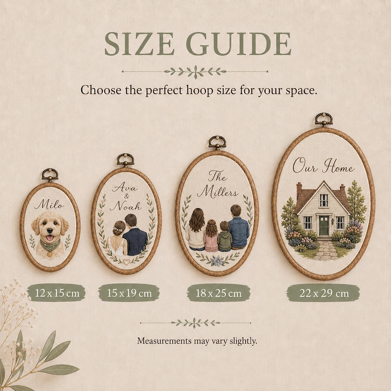 May include: A size guide for oval embroidery hoops featuring four examples with custom illustrations of a dog, a couple, a family, and a house. The text reads SIZE GUIDE, Choose the perfect hoop size for your space, and 12x15 cm to 22x29 cm.
