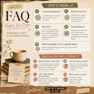 May include: An informational FAQ graphic for an Etsy shop featuring sections titled Shop & Order and Personalization & Timing. The text outlines policies for custom requests, bulk discounts, returns, cancellations, timelines, and proof requests.