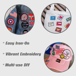 K&ouml;nnte beinhalten: Ein Jeansjacken&auml;rmel und eine rosa Baseballkappe sind mit verschiedenen gestickten Aufn&auml;hern verziert. Die Aufn&auml;her zeigen Designs wie eine US-Flagge, einen Fuchs und den Text "DISAPPOINTED BUT NOT SURPRISED". Eine Tragetasche zeigt &auml;hnliche Aufn&auml;her.