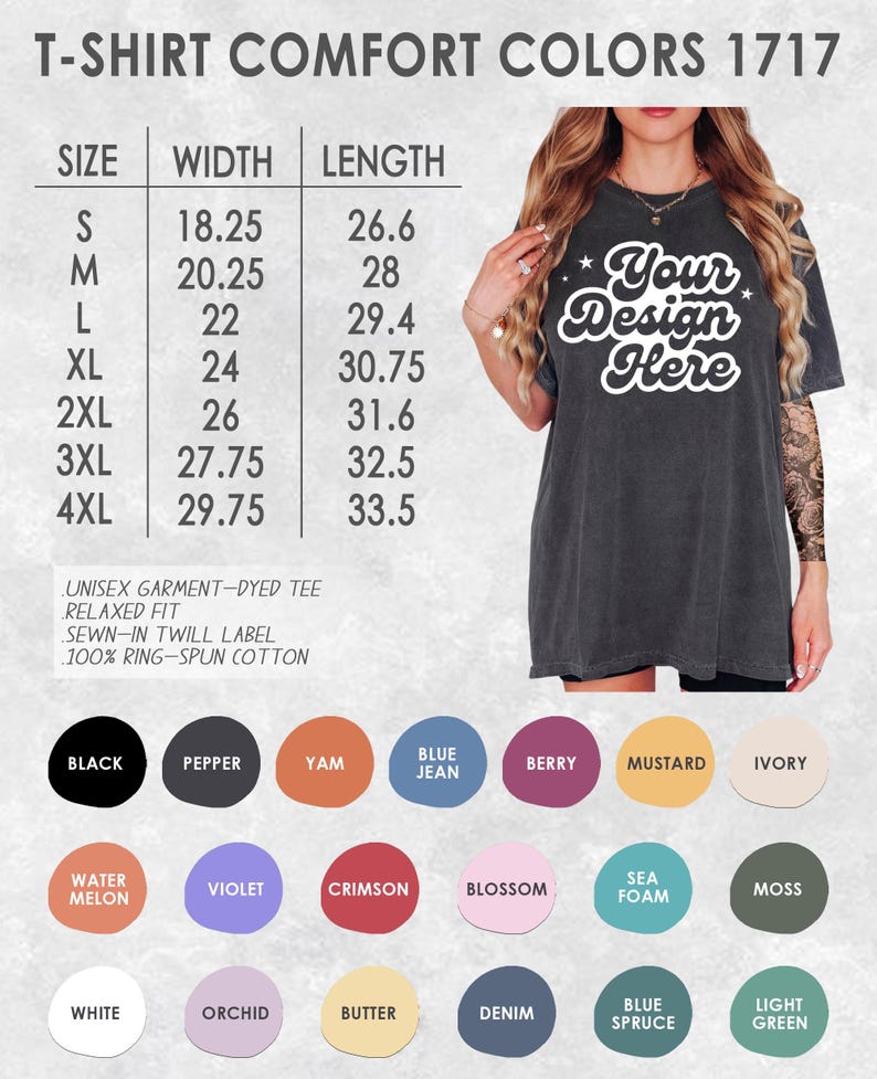 May include: Dark grey unisex garment-dyed t-shirt with the text "Your Design Here". The shirt has a relaxed fit and is made of 100% ring-spun cotton. Available in various colors, including black, pepper, and blue jean. Sizes range from S to 4XL.