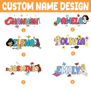 Puede incluir: Un dise&ntilde;o gr&aacute;fico colorido que presenta seis nombres: Hannah, Pamela, Elena, Olivia, Jasmine y Emily. Cada nombre est&aacute; estilizado con una fuente &uacute;nica y asociado con un personaje de dibujos animados, como princesas y otros elementos tem&aacute;ticos.