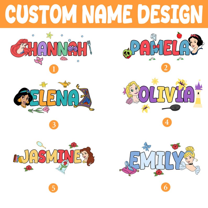 Puede incluir: Un dise&ntilde;o gr&aacute;fico colorido que presenta seis nombres: Hannah, Pamela, Elena, Olivia, Jasmine y Emily. Cada nombre est&aacute; estilizado con una fuente &uacute;nica y asociado con un personaje de dibujos animados, como princesas y otros elementos tem&aacute;ticos.